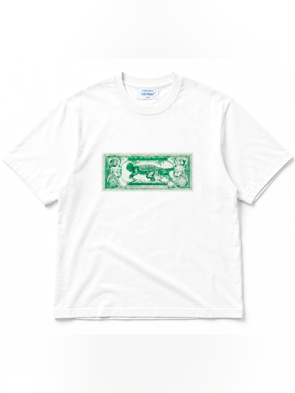 Off-White Men's White Crocodile Dollar Bill Graphic Designer T-Shirt- Size M